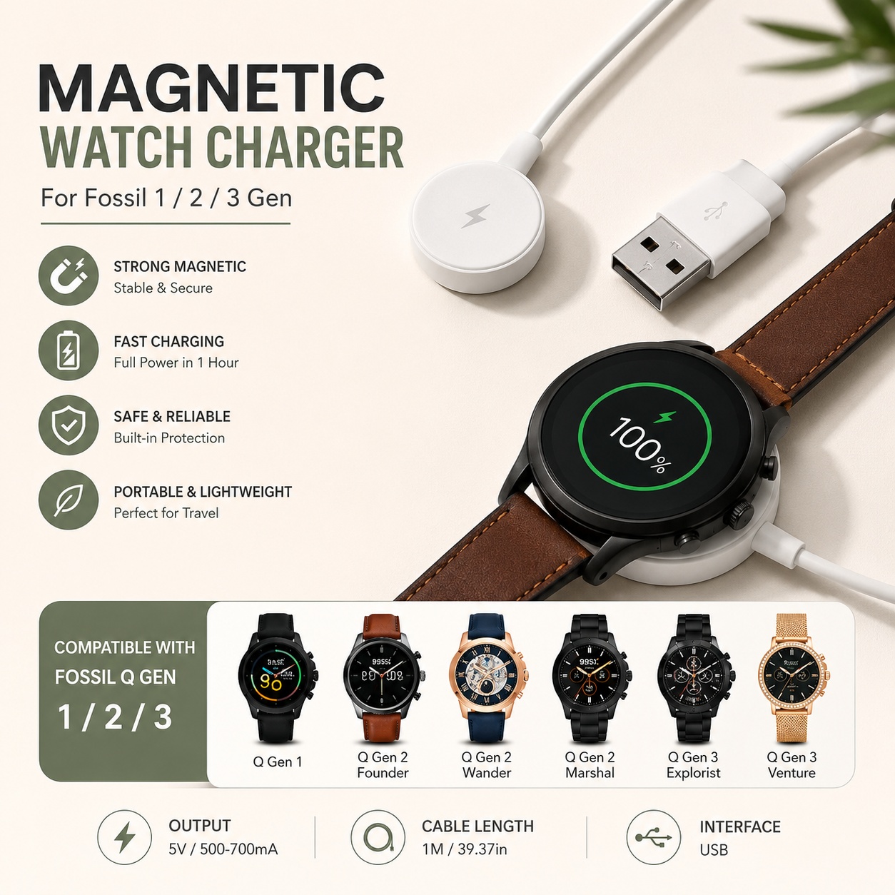 Fossil Smartwatch Accessories - อะแดปเตอร์ชาร์จนาฬิกา USB สายชาร์จสมาร์ทวอทช์ อุปกรณ์เสริมสำหรับเปลี่ยนแท่นชาร์จสำหรับนาฬิกา Fossil Gen